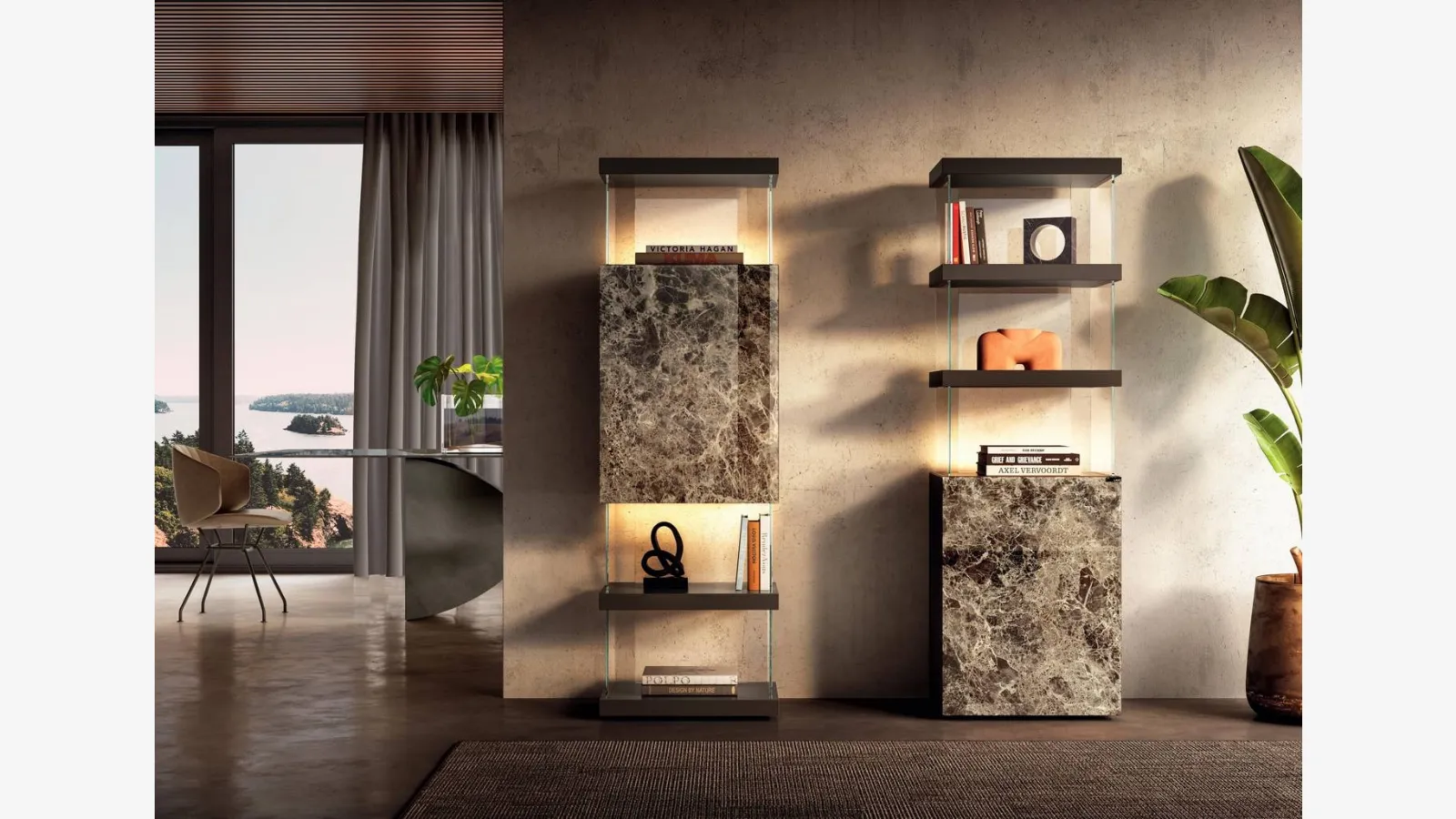 Libreria di design Air 2682 in vetro effetto marmo di Lago