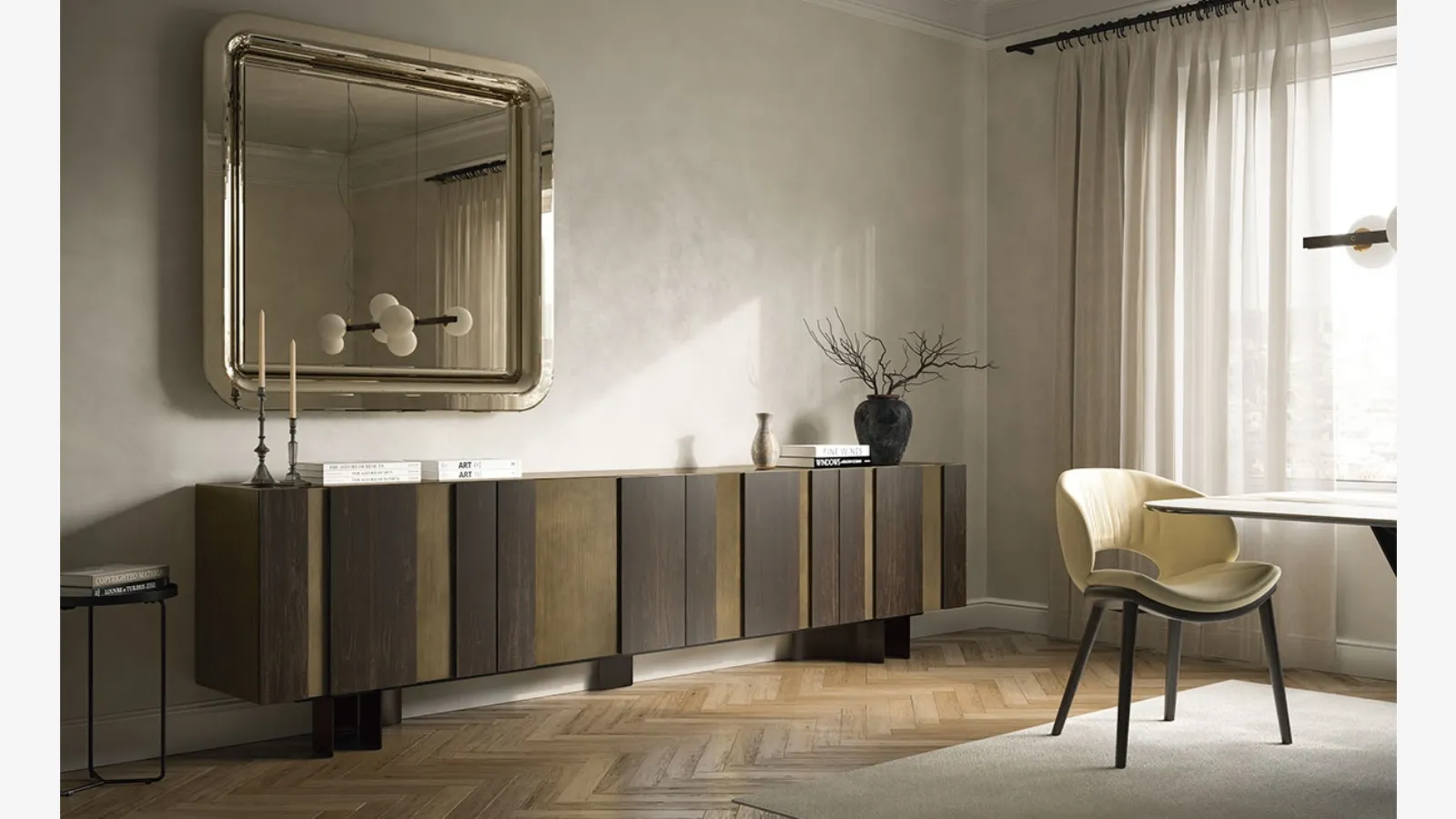 Madia Amsterdam con ante in legno verniciato con inserti in rovere bruciato di Cattelan Italia