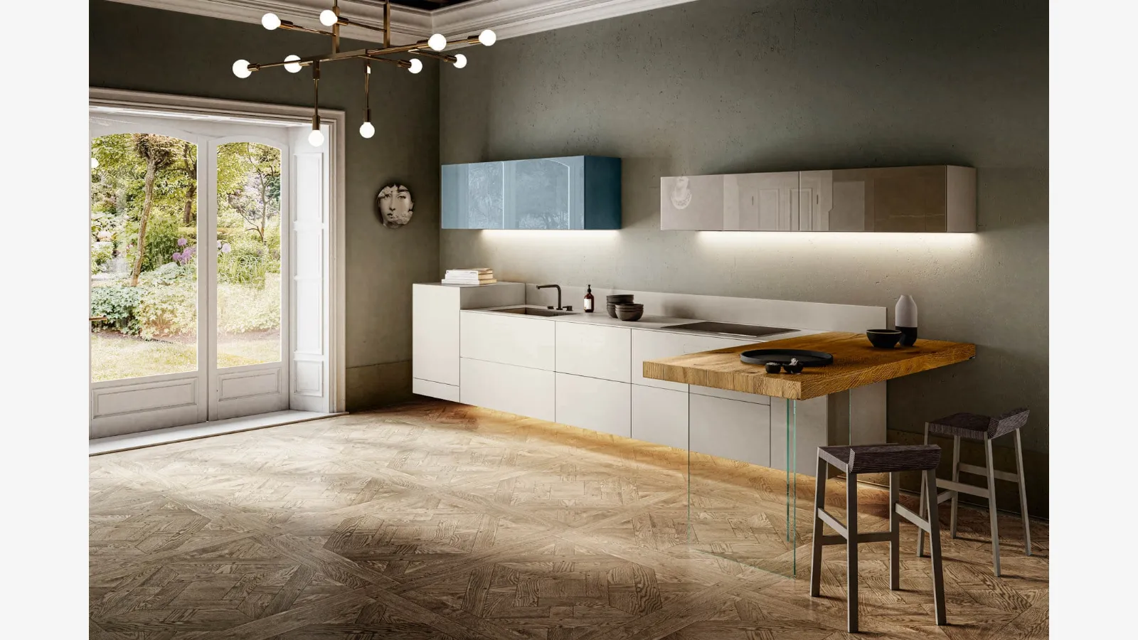 Cucina Design 36e8 Fenix 1098 con pensili in vetro laccato lucido e penisola in legno con base in vetro temperato trasparente di Lago