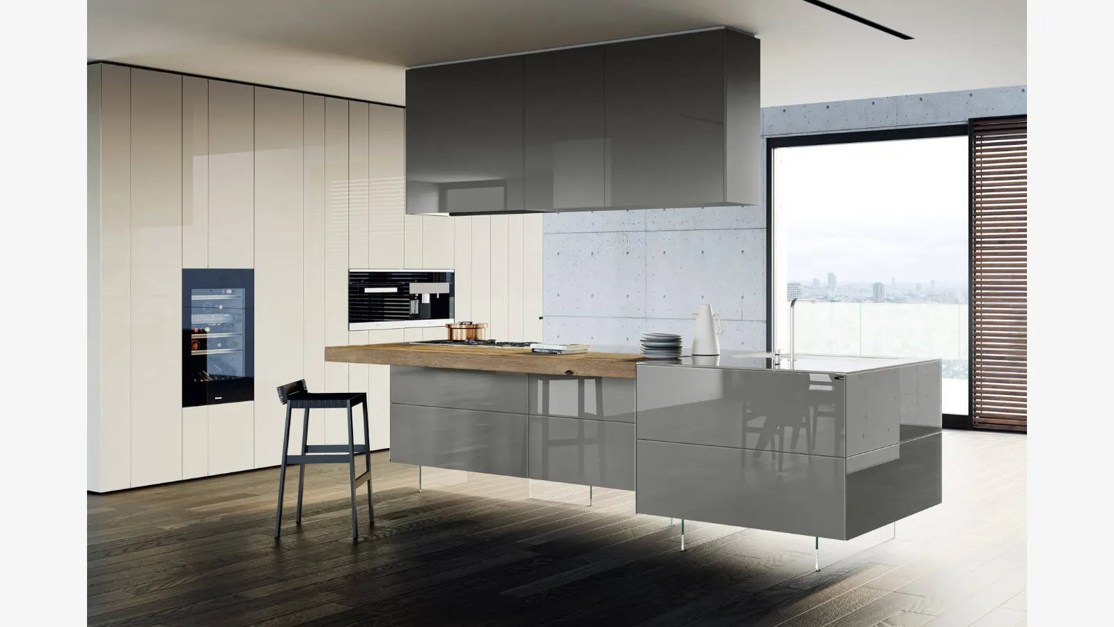 Cucina Design 36e8 1097 con isola in vetro laccato Grigio lucido con piano in legno di Rovere centenario di Lago