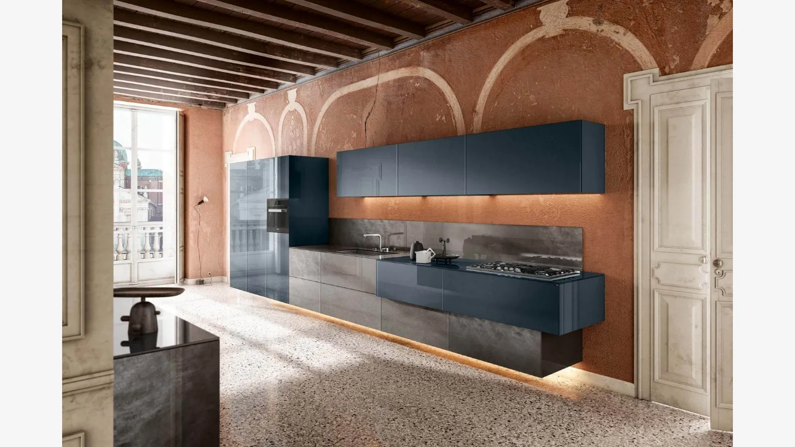 Cucina Design lineare sospesa 36e8 36e8 Metal XGlass 1093 in vetro laccato di Lago