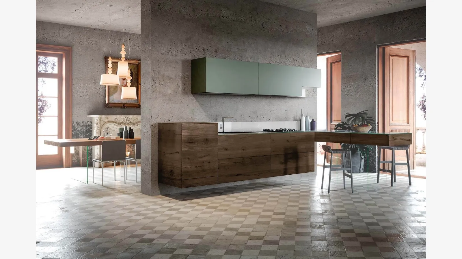 Cucina Design sospesa con penisola 36e8 Wildwood 0326 in legno di Rovere con top e pensili in vetro laccato di Lago