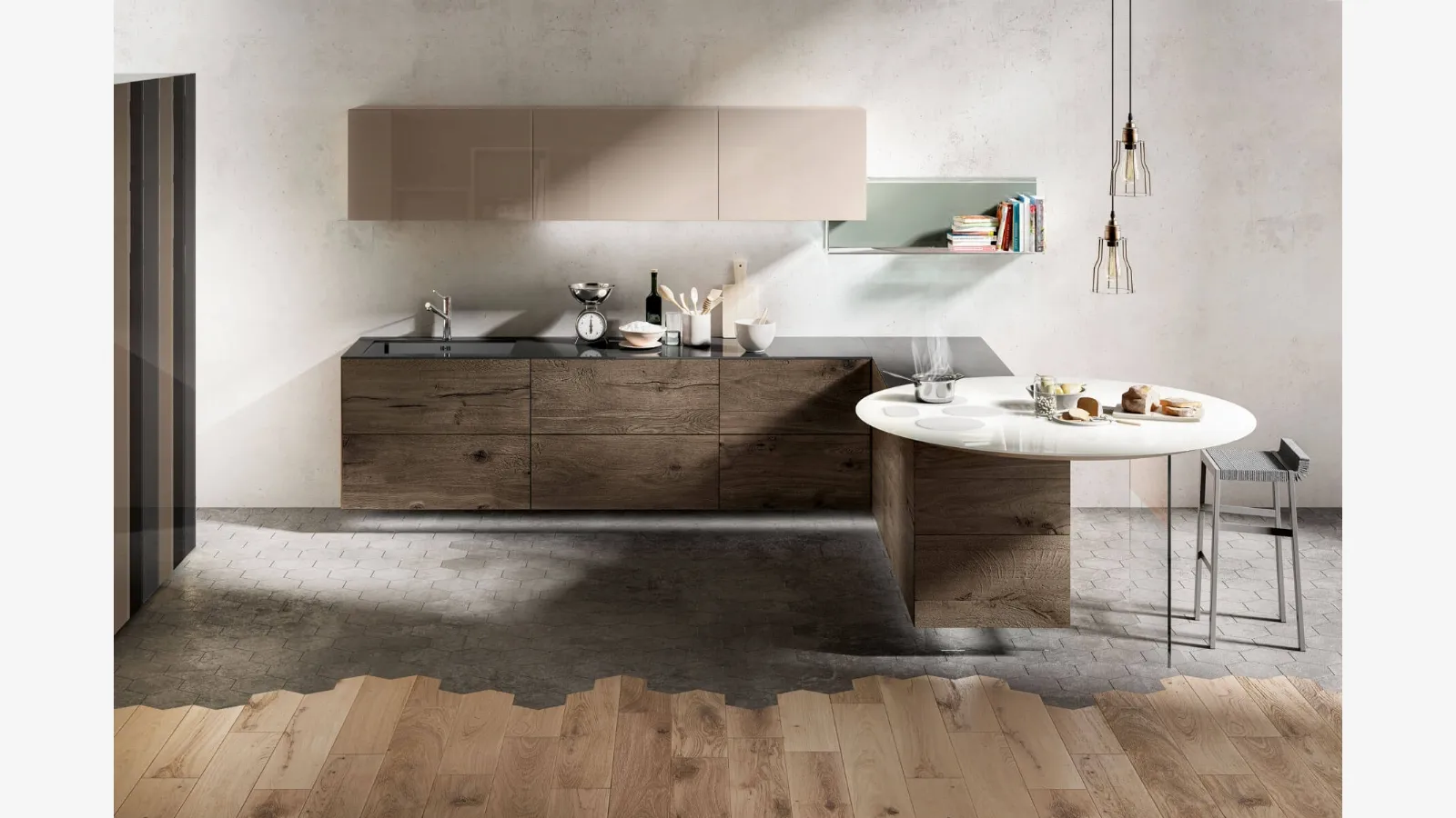 Cucina Design Air in legno con penisola in vetro con fuochi integrati di Lago