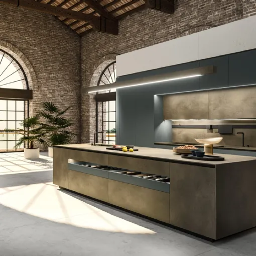 Cucina Design con isola Ak Project 03 finitura Skintech texture MAYA e laccato di Arrital