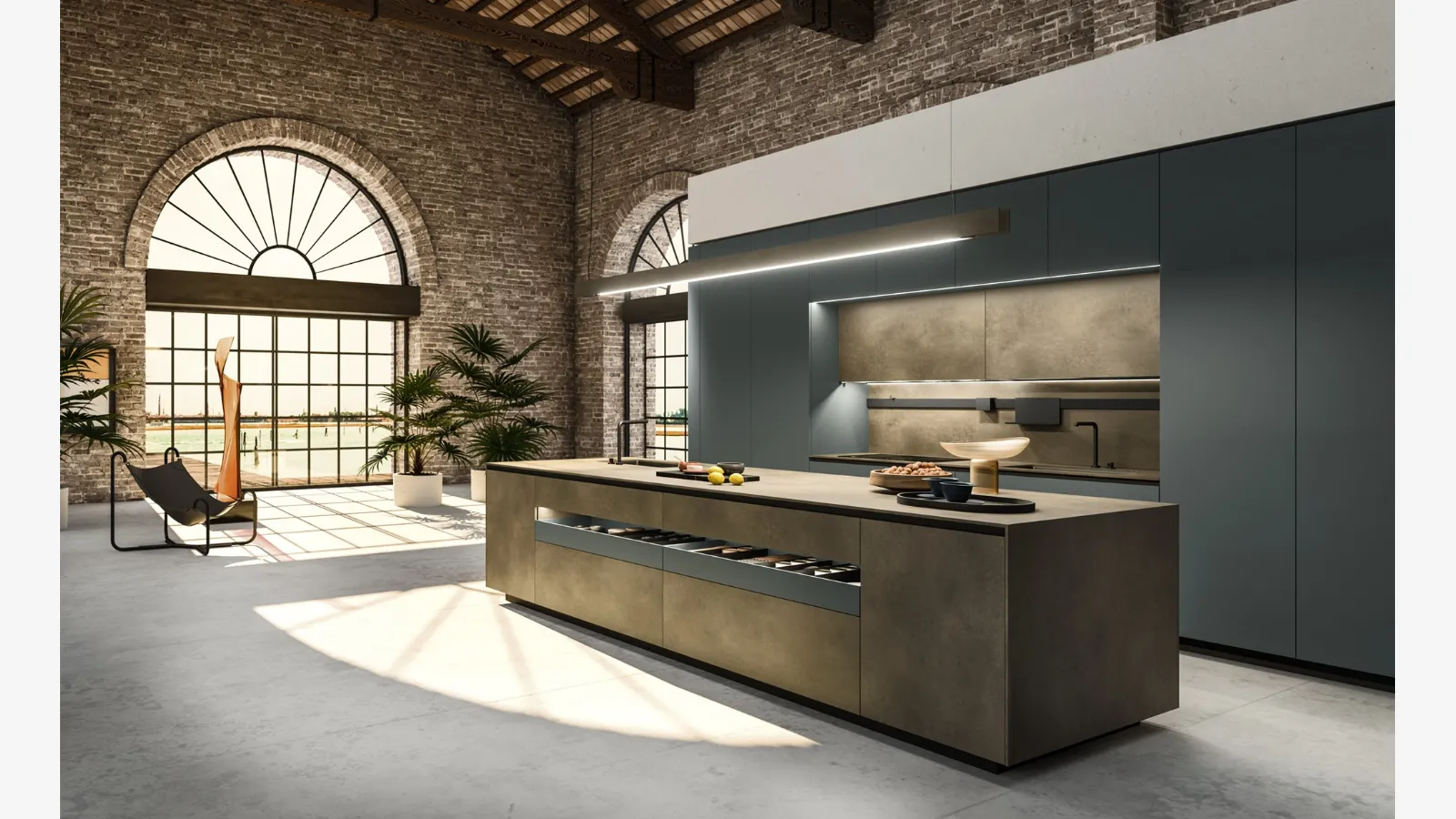 Cucina Design con isola Ak Project 03 finitura Skintech texture MAYA e laccato di Arrital