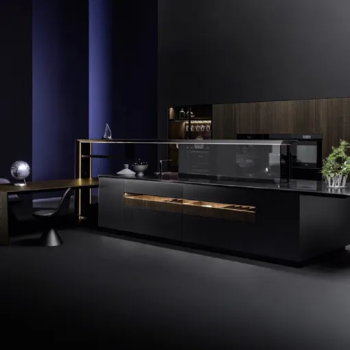 Cucina Design con isola Nautila 01 in laccato Texture 3d sand nero con top in acciaio inox di Arrital