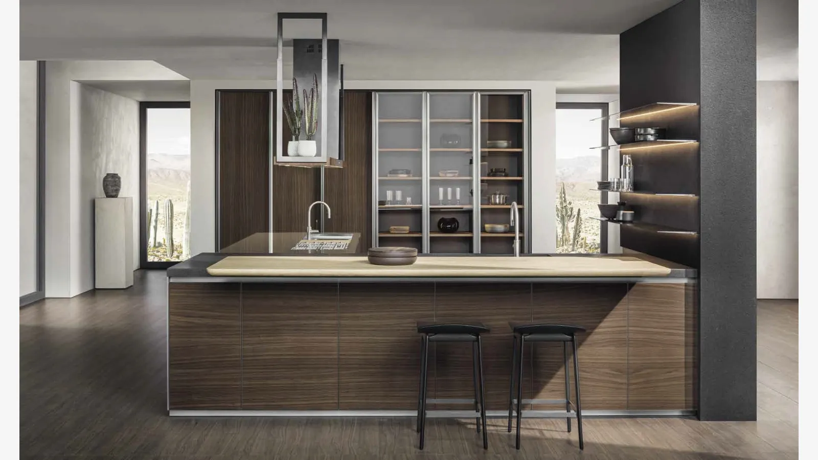 Cucina Design con penisola HiLine 6 Frame Door con base in Noce, top in acciaio Inox e Nero Lava, banco snack in Rovere biondo nodato di Dada