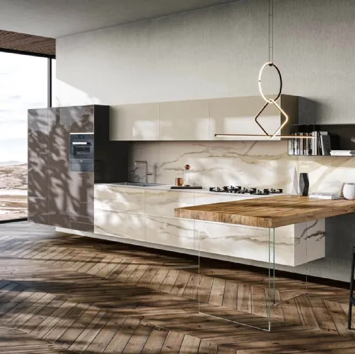 Cucina Design con penisola 36e8 Marble XGlass 1092 di Lago