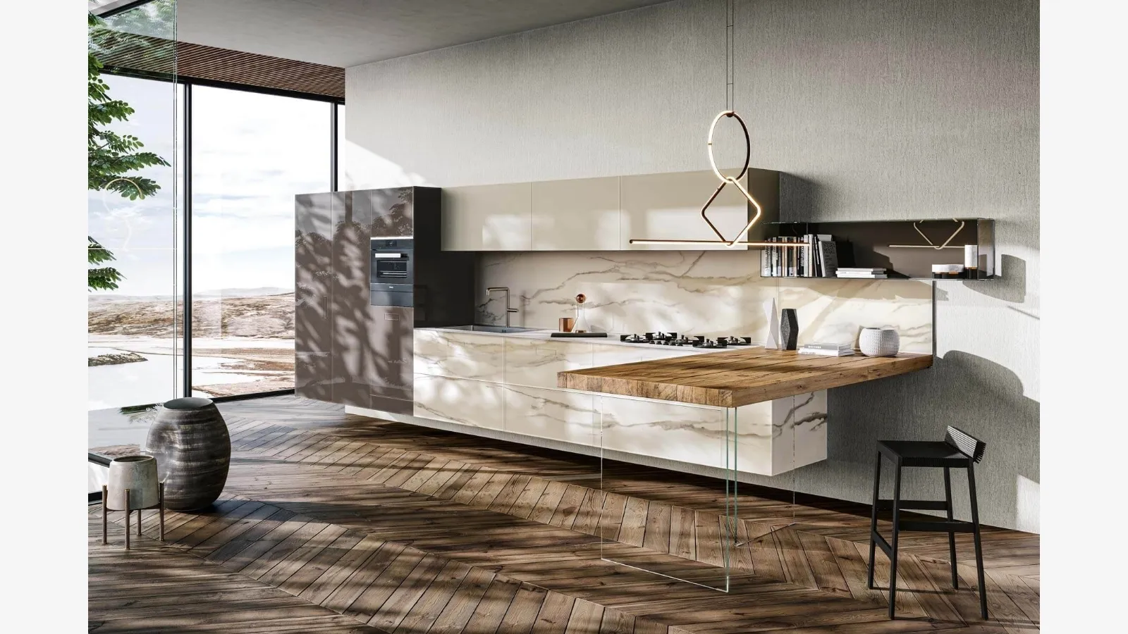 Cucina Design con penisola 36e8 Marble XGlass 1092 di Lago