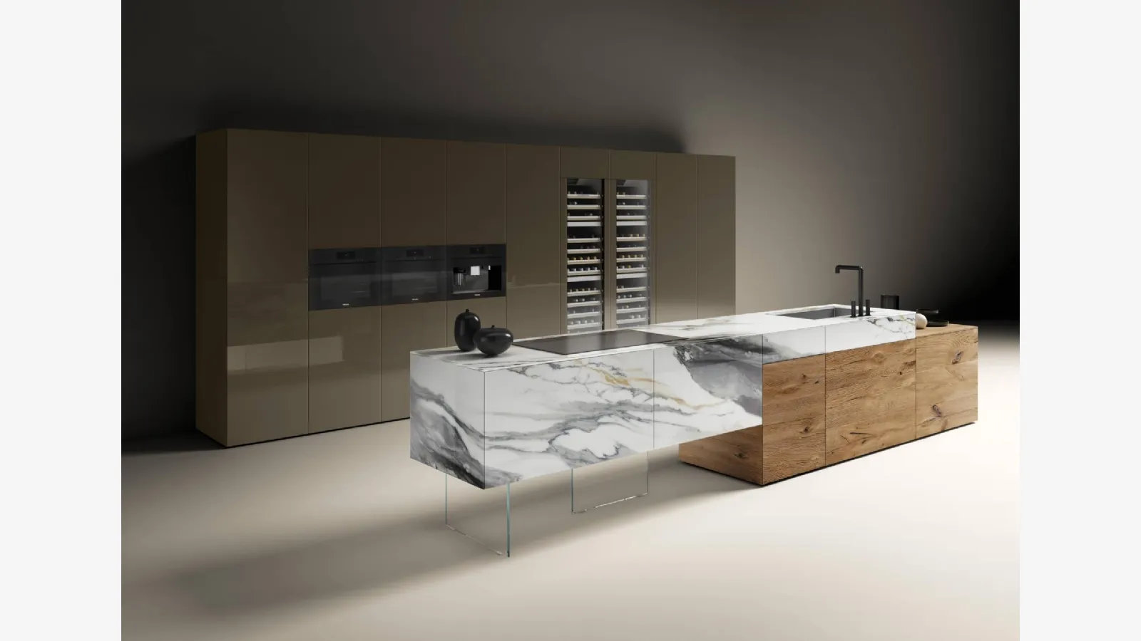 Cucina Design in vetro effetto marmo e legno con isola 36e8 Marble XGlass 1922 di Lago